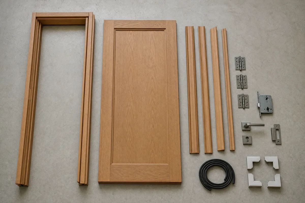 Complete project door set showing leaf, frame, architrave, hinges, lock preparation and packing components
